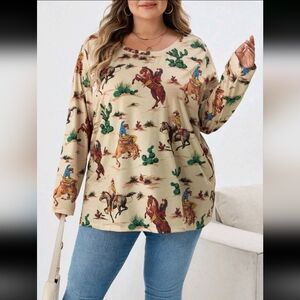 SHEIN Curve Plus Size Long Sleeve Shirt Cowboy Western Rodeo Loose Relaxed Fit